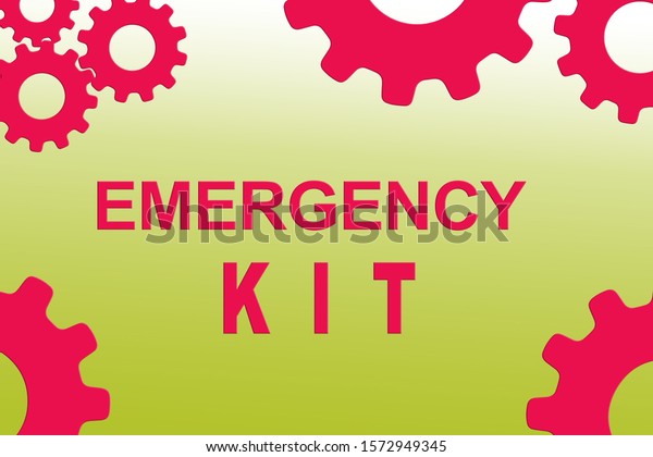 EMERGENCY KIT sign concept\
illustration with red gear wheel figures on yellow\
gradient\
background