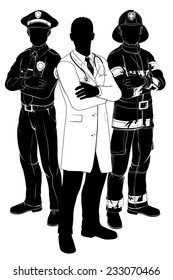 Emergency Rescue Services Team Silhouettes Of A Policeman Or Police Officer, A Fireman Or Fire-fighter And A Doctor