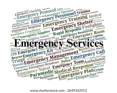 Emergency Services Word Cloud. A comprehensive overview of key terms in medical response, disaster aid, public safety, and rescue operations.