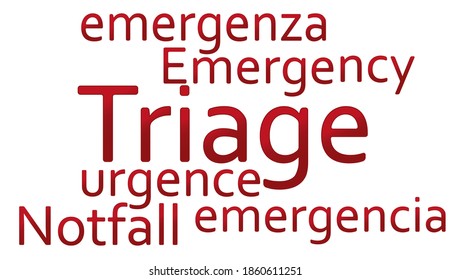 Emergency Triage In Five Languages In Red Text On A White Background.