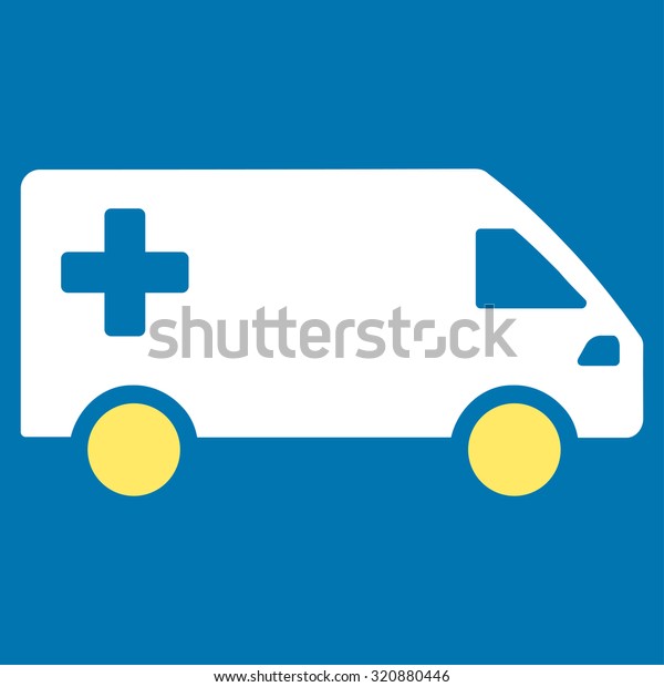 Emergency Van\
glyph icon. Style is bicolor flat symbol, yellow and white colors,\
rounded angles, blue\
background.