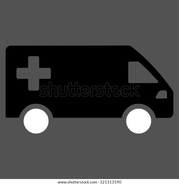 Emergency Van\
raster icon. Style is bicolor flat symbol, black and white colors,\
rounded angles, gray\
background.