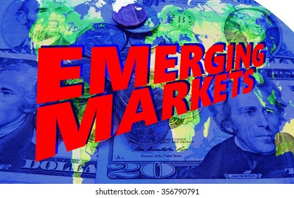 Emerging Markets - On The World Map Are Dollar Bills In Blue, Above The Words 