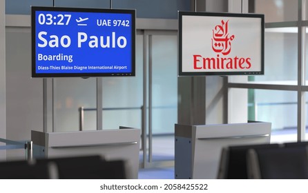 Emirates Airline Flight From Diass-thies Blaise Diagne International Airport To Sao Paulo. Editorial  3D Rendering