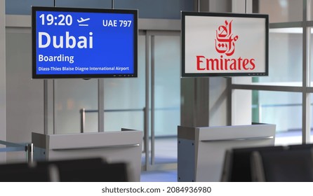 Emirates Airline Flight From Diass-thies Blaise Diagne International Airport To Dubai. Editorial  3D Rendering