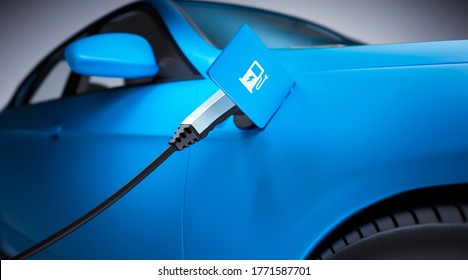 E-mobility, blue electric car charging battery - 3d illustration
