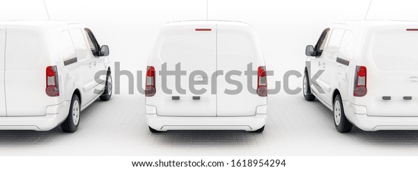 E-mobility, electric\
delivery cargo van generic  back view white layout panorama banner\
format 3d\
rendering