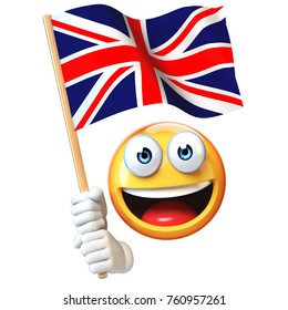 Emoji Holding Union Jack Flag, Emoticon Waving National Flag Of Great Britain 3d Rendering