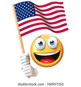 Emoji Holding US Flag, Emoticon Waving United States Of America National Flag 3d Rendering