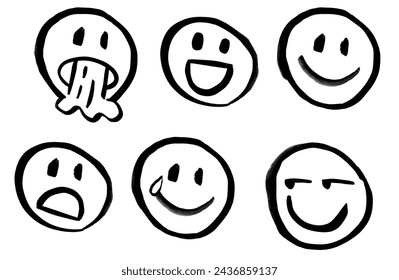 Emojis, different expressions,  faces. Afraid, confused, gleeful, happy, star-eyed, in love, crazy, tongue out. Blinking eyes. Hand drawing with marker pen. Brush, isolated on white background.