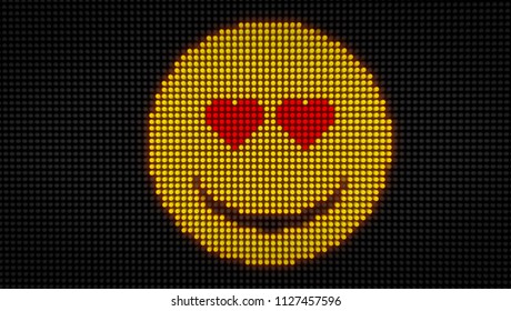 Emoticon Love Face On Big LED Display With Large Pixels. Bright Light Love Expression Icon On Bulbs Display Stylized 3D Illustration.