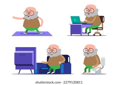 emotion cute vector, illustration flat cartoon character lifestyle senior man exercise, work from home, relax and use toilet at home. - Powered by Shutterstock