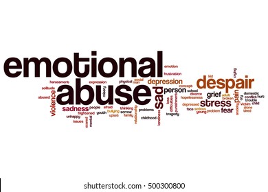 Emotional Abuse Word Cloud Concept, Words Related To Emotional Abuse And Despair. Emotional Abuse On White.