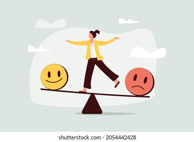 Emotional balance and harmony concept. Female cartoon character standing balancing on slackline with unstable mental state illustration. Potential, motivation and aspiration, mental health. - Powered by Shutterstock