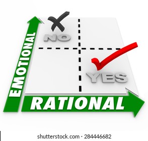 Emotional And Rational Words On A Matrix Of Choices Or Decisions And The Words Yes And No To Illustrate The Ideal Option Or Alternative