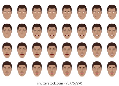 Emotions set. Black Man with different emotions and facial expressions. Portrait of Black Man character in a flat style. Raster illustration.