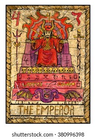The emperor. Full colorful deck, major arcana. The old tarot card, vintage hand drawn engraved illustration with mystic symbols. Man in crown sitting on scary throne decorated with sculls and demons