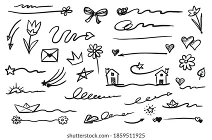 Emphasis Element. Doodle Hand-drawn Emphasis Element Isolated Set Illustration. Ink Paper Airplane And Boat, Heart And Flower, Star And Flower, Arrow And Signature, House And Crown Drawing