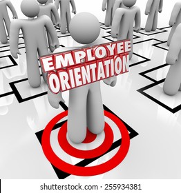 Employee Orientation Words On A New Worker Standing On An Organization Chart Being Introduced To The Team Or Workforce