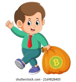 The employee is pulling sack of bitcoins for saving in the bank of illustration