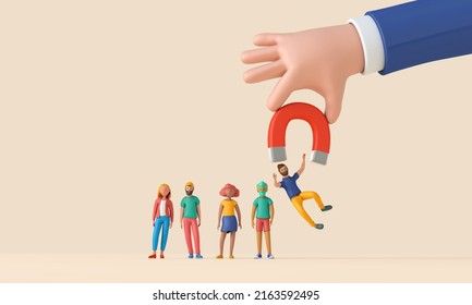 Employee Recruitment Concept With Hand And Magnet Picking A New Team Member. 3D Rendering