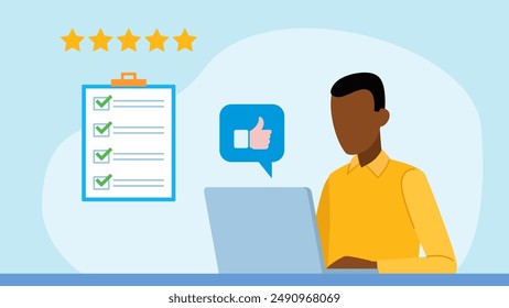 An employee is working on a laptop with a thumbs up in cloud. A website in the background with a completed checklist. The checklist is completed correctly. 5 stars feedback. Flat design illustration. - Powered by Shutterstock