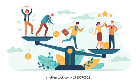 Employees Balance Scales. Good And Bad Business Tiny People Comparison. Employee Or Client Choose Job Team. Teamwork Success  Concept. Illustration Balance Professional Business