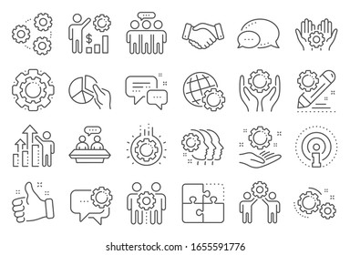 Employees benefits line icons. Business strategy, handshake and people collaboration. Teamwork, social responsibility, people relationship icons. Growth chart, employees benefits.