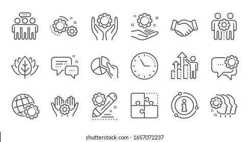 Employees benefits line icons. Business strategy, handshake and people collaboration. Teamwork, social responsibility, people relationship icons. Linear set. Quality line set.