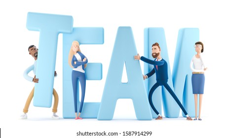 The employees together build the word teamwork. Business teamwork concept. 3d illustration.  Cartoon characters. 