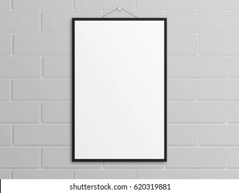 Empty 3D Illustration Tabloid Poster Mockup With Black Frame On Wall.