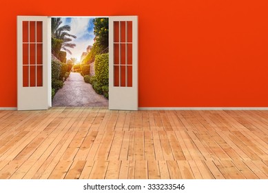 empty 3d room with opened door. render