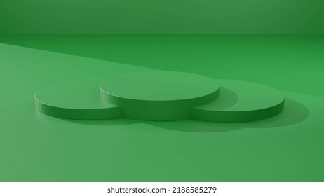 Empty 45 Degree Angle Green Background Podium With Soft Light Mood Artistic Product Display View 3 Circular Steps 3d Rendering Bright Mood For Summer Spring Natural Products Display Stand Minimal