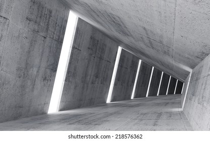 Empty abstract concrete interior, 3d render of pitched tunnel 