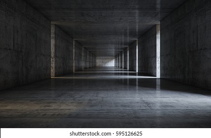 Empty abstract concrete tunnel and lateral lights, Interior concept background .3d image 