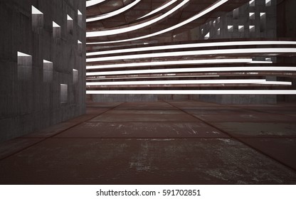 Empty abstract room interior of sheets rusted metal and concrete. Architectural background. Night view of the illuminated. 3D illustration and rendering
