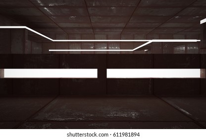 Empty abstract room interior of sheets rusted metal. Architectural background. Night view of the illuminated. 3D illustration and rendering