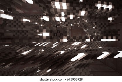 Empty abstract room interior of sheets rusted metal and concrete. Architectural background. Night view of the illuminated. 3D illustration and rendering