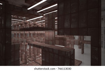 Empty abstract room interior of sheets rusted metal and concrete. Architectural background. Night view of the illuminated. 3D illustration and rendering