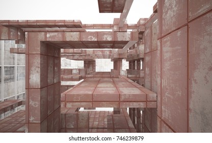 Empty abstract room interior of sheets rusted metal and beige concrete. Architectural background. 3D illustration and rendering