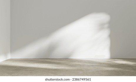 Empty abstract studio room interior with sunlight and shadows, white empty plaster wall and blank concrete floor, place for design and advertisement and product placement, empty place room mock up.