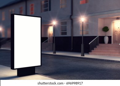 Empty Ad Stand On Night Street. Advertisement Concept. Mock Up, 3D Rendering 