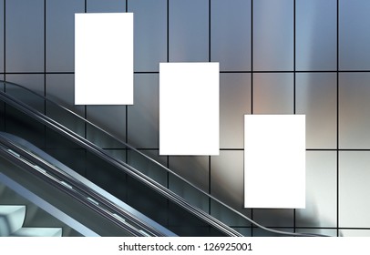 Empty Advertising Billboards And Moving Escalator Stairs, Modern Interior