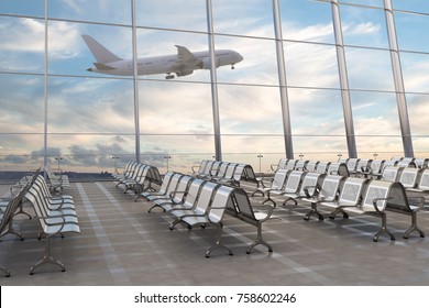 Empty Airport Departure Lounge With Airplane On Background. 3d Illustration 