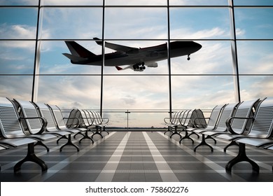 Empty airport departure lounge with airplane on background. 3d illustration 