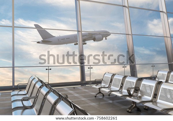 空の空港出発ラウンジと飛行機の背景 3dイラスト のイラスト素材