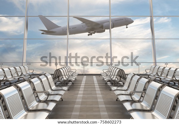 空の空港出発ラウンジと飛行機の背景 3dイラスト のイラスト素材