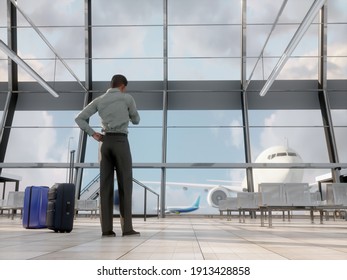 An empty airport terminal hall with an airplane in the background. render 3d illustration