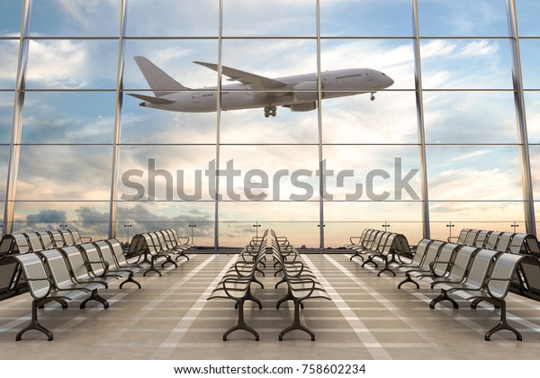 空の空港ターミナルラウンジと飛行機の背景 3dイラスト のイラスト素材
