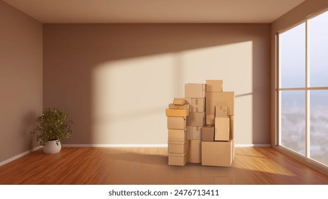 Empty apartment. Room with cardboard boxes. Moving concept. Interior of empty apartment. Future living room with panoramic window. Moving to new home. Relocation room. Apartment interior. 3d image - Powered by Shutterstock